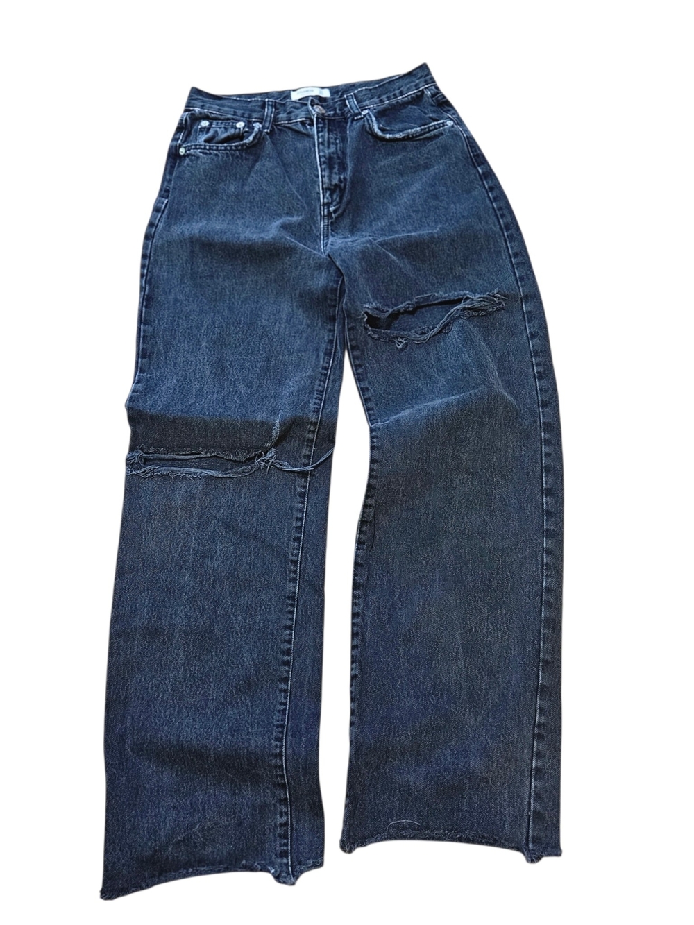 ​Pull & Bear Women's Wide Leg Distressed Jeans Black Acid Wash Ripped Knee Size